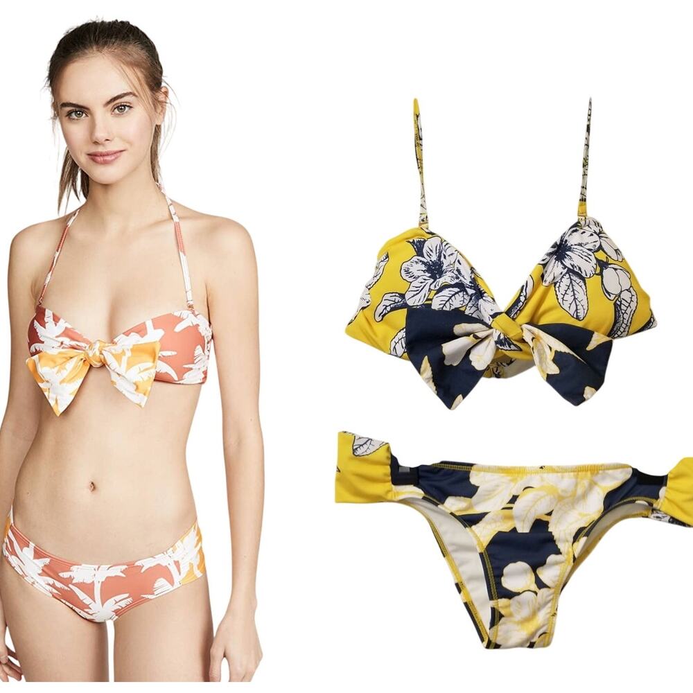 New Palmacea Lily Floral Print Bandeau Top + Bikini Bottom Set Removable Strap